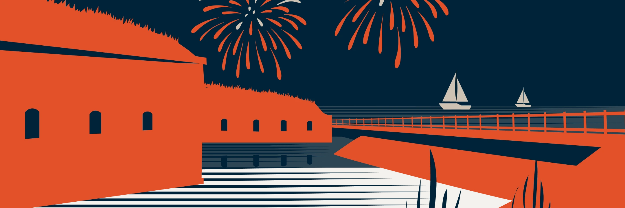 An illustrated seaside scene with orange fireworks, an orange fort, sailboats, and a rail against a dark blue sky.