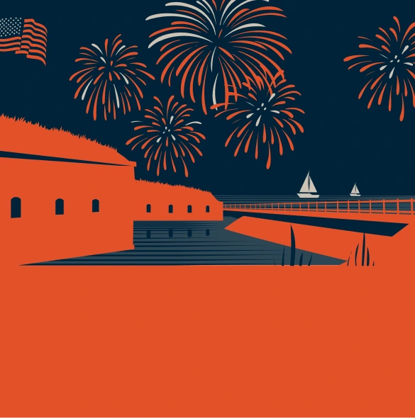 An illustrated seaside scene with orange fireworks, an orange fort, sailboats, and a rail against a dark blue sky.